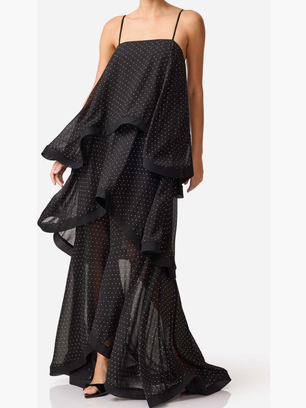 Elliatt Diamante Moss Tiered High-Low Georgette Gown Black - Picture 2 of 10